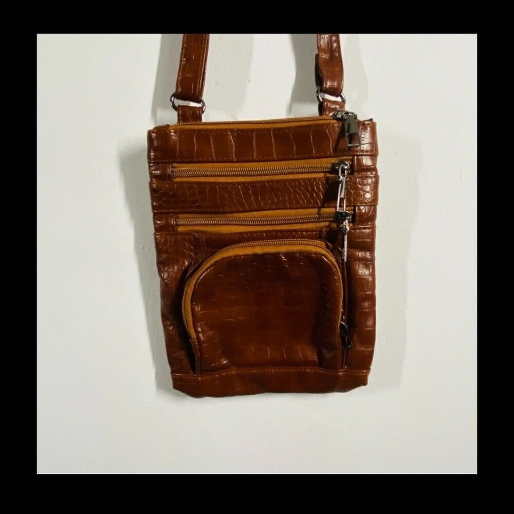 Brown Croc-Embossed Faux Leather Crossbody Bag With Adjustable Strap